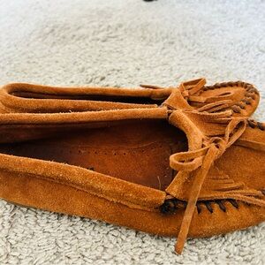 Tan Suede Moccasins with Fringe